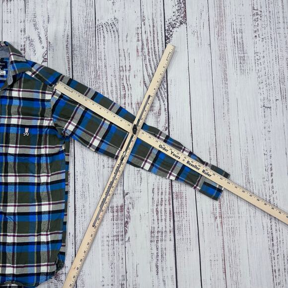 Psycho Bunny Plaid Shirt Men’s XS Pima Cotton Olive Blue Logo - Picture 4 of 6